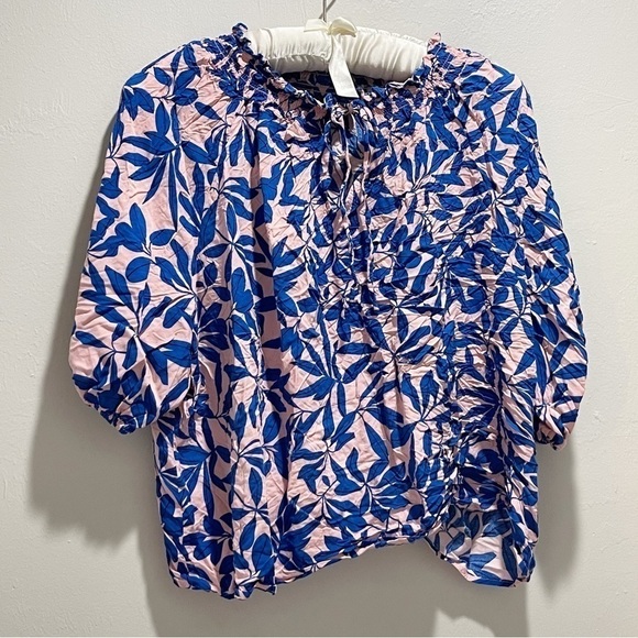 ELOQUII Women’s Plus DON’T STOP BELEAFIN’ Pink Blue Floral Smocked Neck Top 18 - Picture 2 of 10